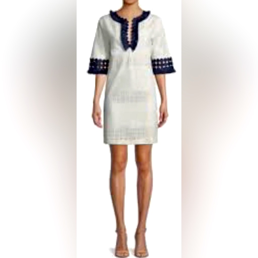 NWT Belle Badgley Mischka Daya Textured Mini Dress w 1/2 Sleeves & Navy Geo Lace
